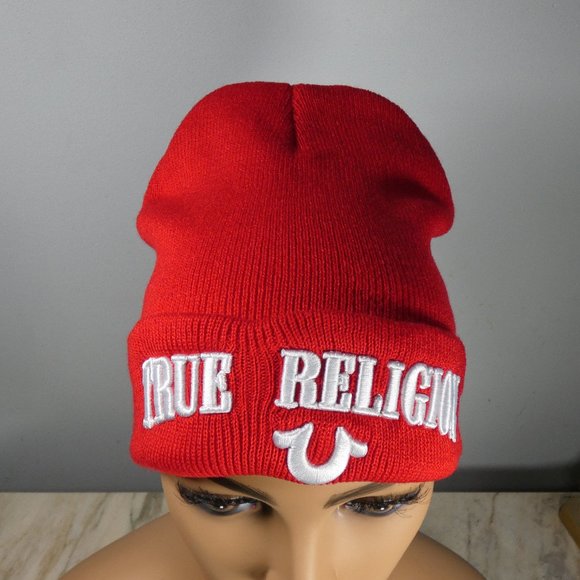 True Religion Red Knit Cap Watchman Beanie - Picture 2 of 8